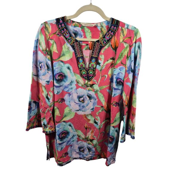 Soft Surroundings Tops - Soft Surroundings Top Womens S Pink Linen Tunic V Neck 3/4 Sleeve Bell